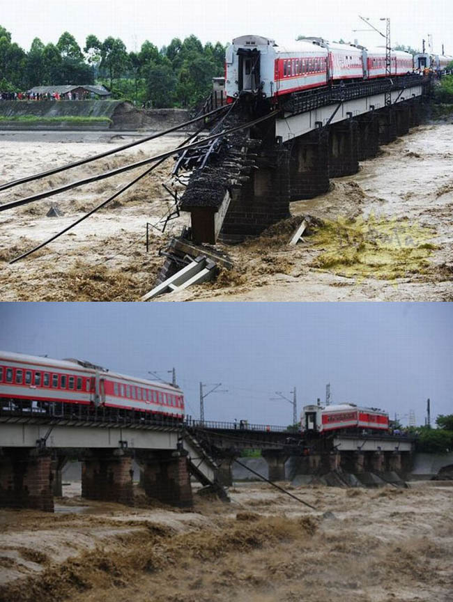 Inondations dans le sud ouest de la Chine : un pont detruit au moment du passage d un train