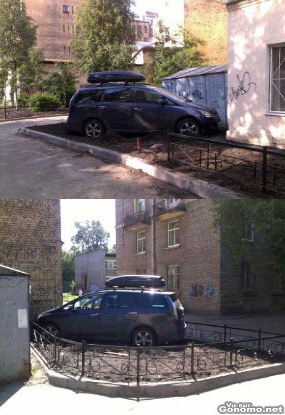 Debile ou tete en l air, il construit une barriere dans son jardin autour de sa voiture