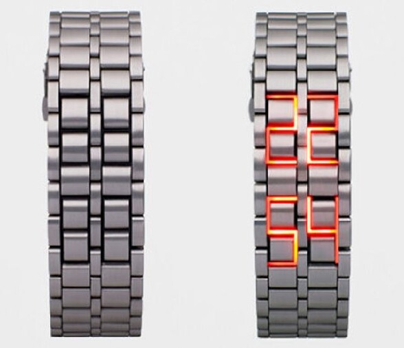 Une montre design dont l heure est affichee dans les mailles du bracelet