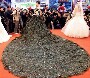 Robe de mariee insolite : une longue robe de mariee faites avec des plumes de paon