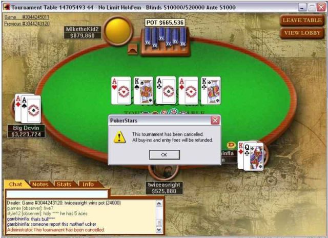 Une partie de poker en ligne avec un petit probleme au niveau de la distribution des cartes