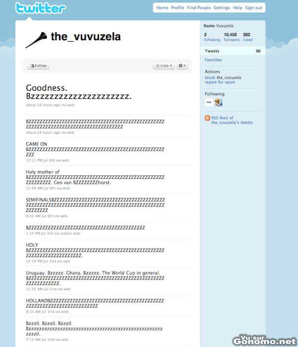 Vuvuzela sur Twitter : la page twitter The_vuvuzela qui compte plus de 10000 followers ! :o