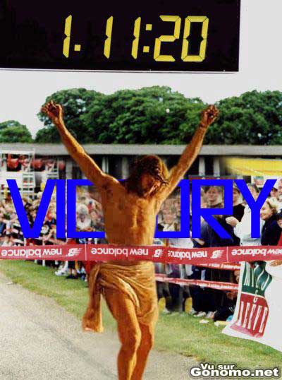 Victory ! Jesus Christ vainqueur d une course a pied ! lol