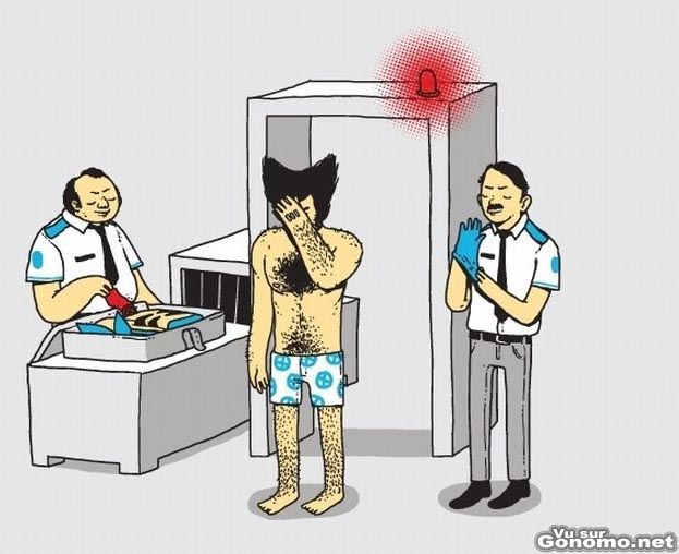 Fail ! Wolverine passe au detecteur de metaux et il va le sentir passer ...