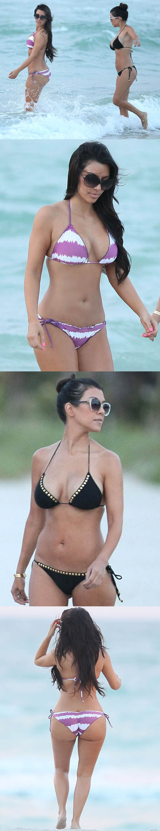 Kim et Kourtney Kardashian en maillot de bain sur la plage de South Beach a Miami