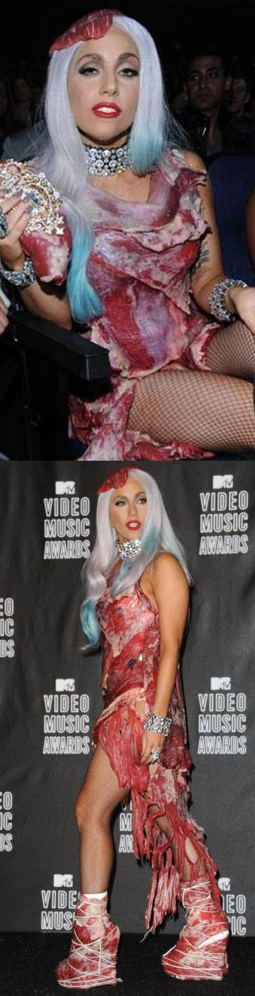 Lady Gaga et sa robe en viande crue a la ceremonie des Mtv Awards ou elle a rafle 8 recompenses