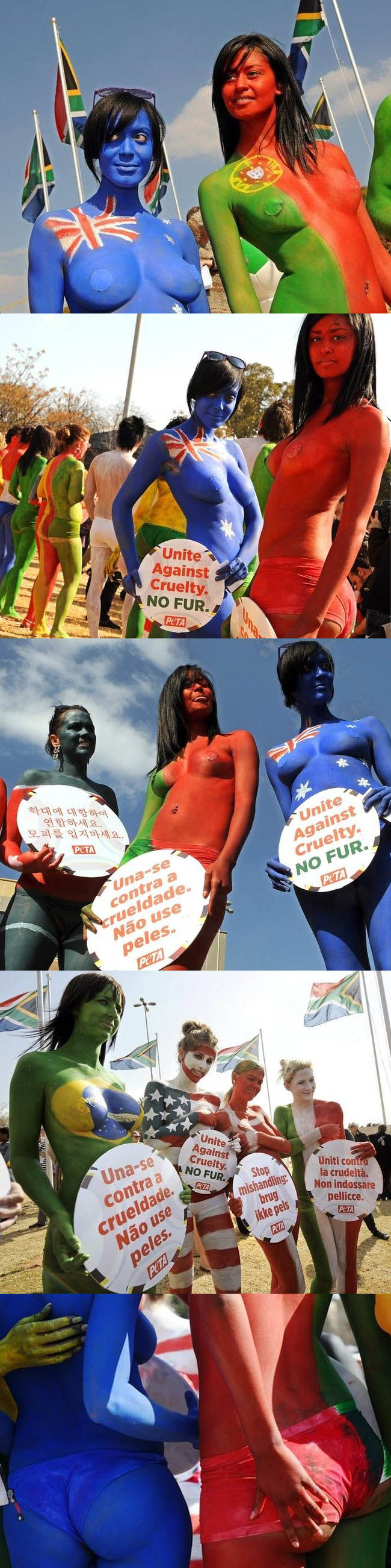Bodypainting Peta : des filles nues pour Peta, peintes aux couleurs des drapeaux de leurs pays