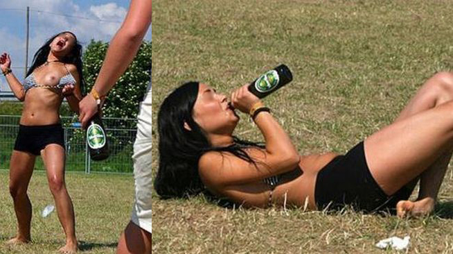 Fille bourree topless : une fille completement dechiree a la biere enleve le haut ! :p