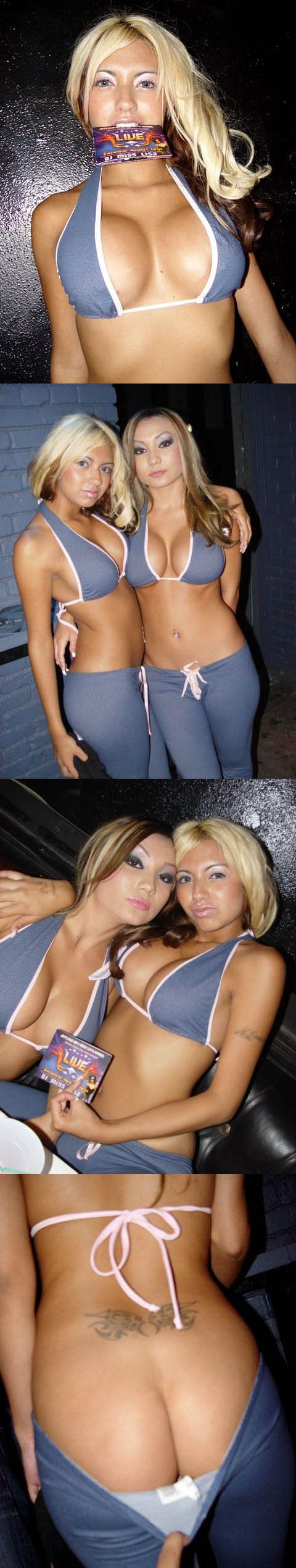 Deux hotesses de soirees sexy dans leurs pantalons gris moulants et leurs hauts de bikini :p