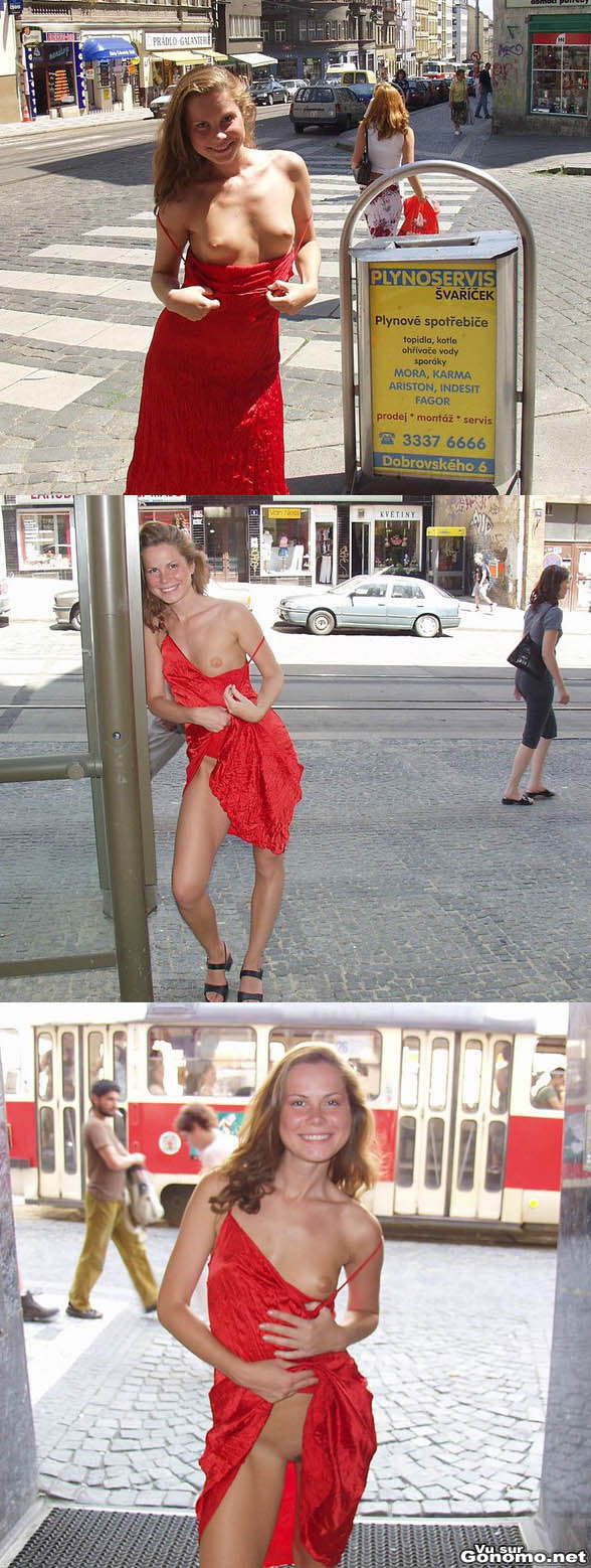 Rouquine coquine : une petite rousse nue sous sa robe s exhibe discretement en centre ville