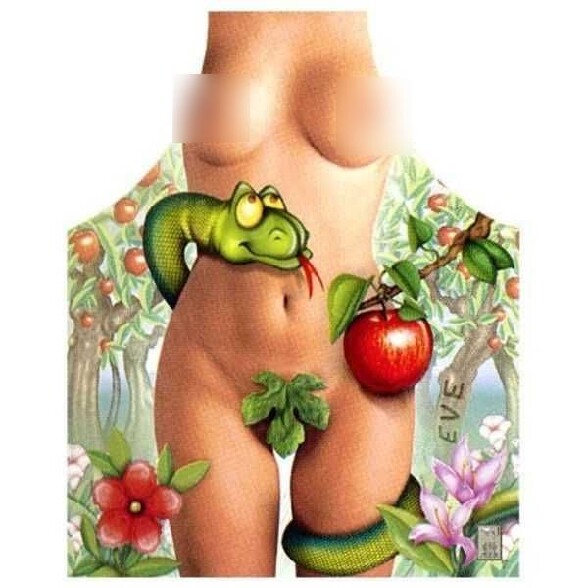 Un tablier de cuisine sexy avec Eve nue la pomme et le serpent