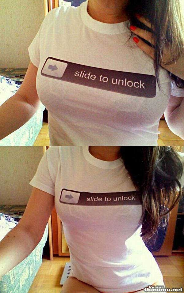 T shirt iPhone Slide to Unlock : la barre de deblocage de l iPhone sur un t shirt bien rempli :