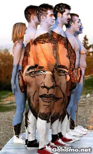 Le visage d Obama en bodypainting sur 6 personnes