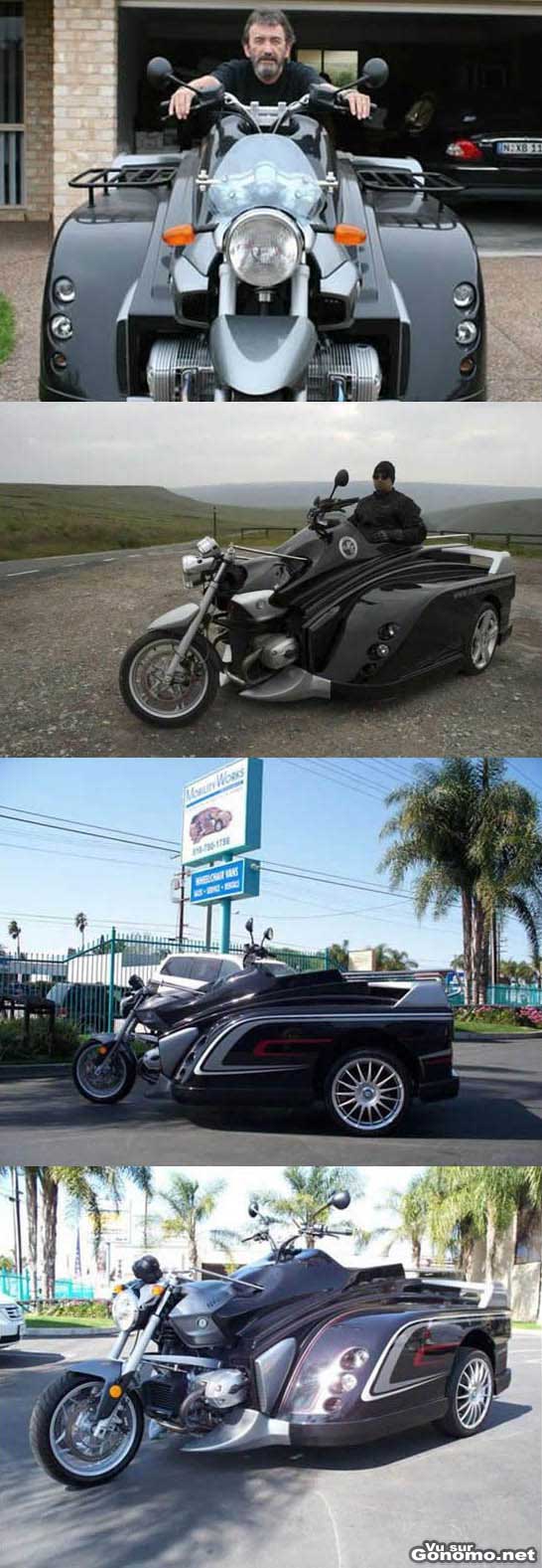 Une moto custom qui ne ressemble plus trop a une moto avec ses trois roues et sa grosse carrosserie